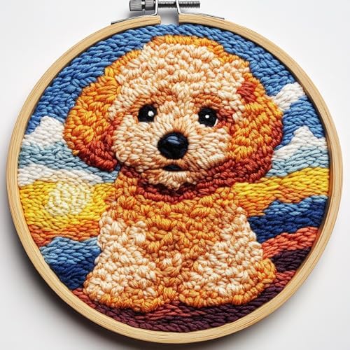 DIY Punch Needle Kits Cute Poodle Dog with Sunset with Hoop 20x20cm-1 by Unknown