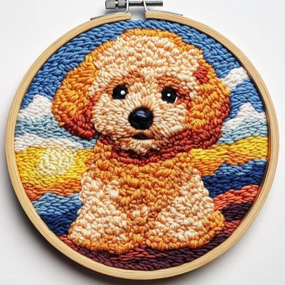 DIY Punch Needle Kits Cute Poodle Dog with Sunset with Hoop 20x20cm-1 by Unknown