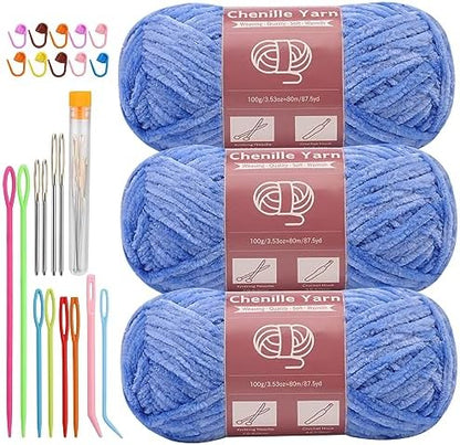 LUNARM Chenille Yarn 3 Pack 3.5oz Chunky Blanket Velvet Yarn 263 Yard by Lunarm
