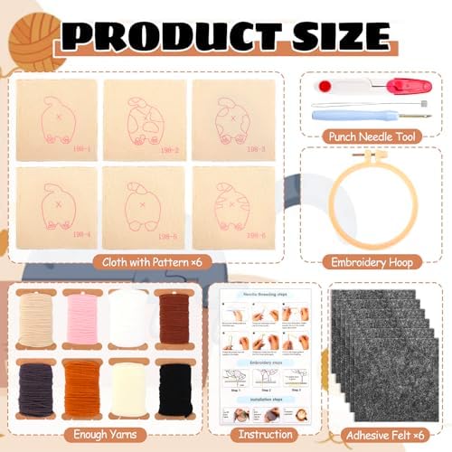 JarThenaAMCS 26 Pcs Pet Punch Needle Coaster Kits Cat Crafts Coasters Kit with Adhesive Felt Yarns Embroidery Hoop Instruction for Adults Beginners DIY Decor - Image 2