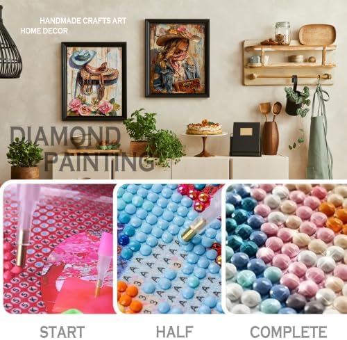 sdfkmlcdl Vintage Western Diamond Art Kits for Adults, Rustic Country Cowgirl Boots Horse Full Drill Diamond Painting Kits for Adults Beginners 4 Pack, Cowgirl Room Decor, 12x16 Inch - Image 4
