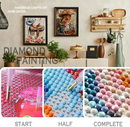 sdfkmlcdl Vintage Western Diamond Art Kits for Adults, Rustic Country Cowgirl Boots Horse Full Drill Diamond Painting Kits for Adults Beginners 4 Pack, Cowgirl Room Decor, 12x16 Inch - Image 4