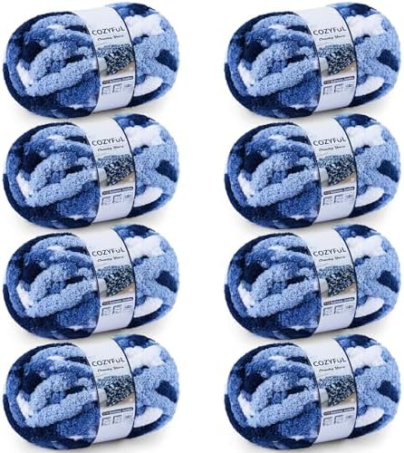 Cozyful Chunky Yarn for Hand Knitting - #10 Chunky Chenille Blanket Yarn, Jumbo Big Thick Chunky Yarns for Crocheting, Tie Dye Bulky Knit Yarns, 8 Skein (20 yds 8 oz Each Skein), Multi Blue & White by Cozyful