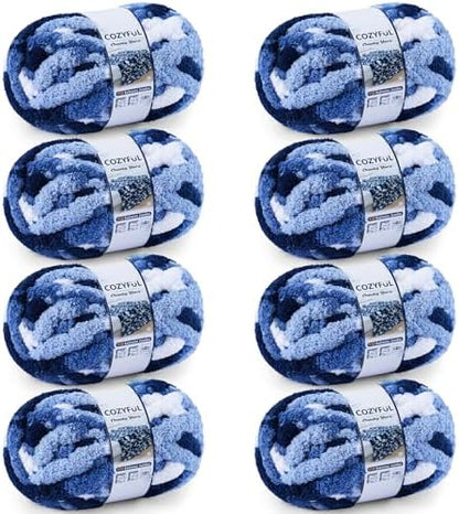 Cozyful Chunky Yarn for Hand Knitting - #10 Chunky Chenille Blanket Yarn, Jumbo Big Thick Chunky Yarns for Crocheting, Tie Dye Bulky Knit Yarns, 8 Skein (20 yds 8 oz Each Skein), Multi Blue & White by Cozyful