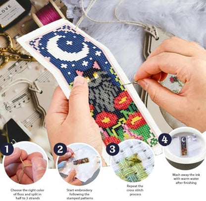 INFUNLY 6 Pack Night Animal Cross Stitch Bookmark Kit with Tassels, Stamped Pre-Printed Moon Star Embroidery for Adults Beginners, DIY Tool Set with Floss Scissors, Craft Gift for Book Lovers - Image 4