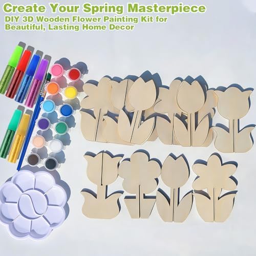Mykzarpnix Wooden Flower Painting Kit, 12 Unfinished Wood 3D Flowers to Paint, DIY Spring Craft Set for Adults and Family, Blank Tulip Wood Cutouts for Home Decor, Tabletop Mantel Display - Image 5