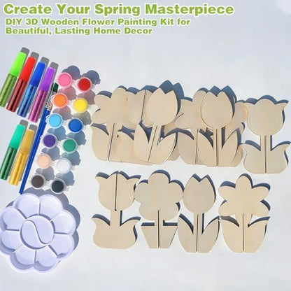 Mykzarpnix Wooden Flower Painting Kit, 12 Unfinished Wood 3D Flowers to Paint, DIY Spring Craft Set for Adults and Family, Blank Tulip Wood Cutouts for Home Decor, Tabletop Mantel Display - Image 5