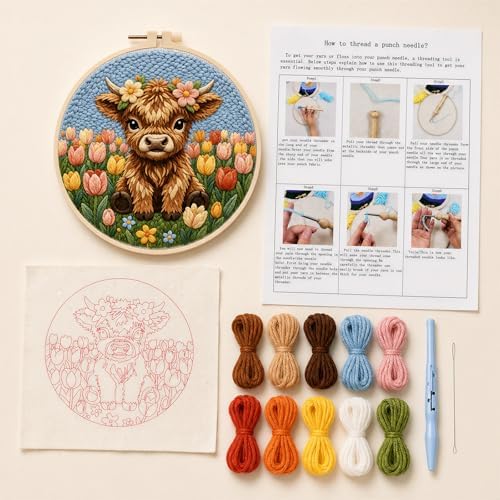 ZMHKJZDQ Punch Needle Kits for Beginners,DIY Punch Needle Embroidery with Fabric, Hoops, Yarns and Sewing Needles for Adults Children Festival Gift and Home Decor, 20x20cm (Tulip Highland Cow) - Image 2
