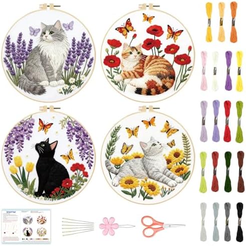 BEUNITONE 4 Set Embroidery Kit for Beginners, Cat and Butterfly Pre-Stamped Pattern Needlepoint Kits for Adults with Hoop and Instruction, Cute Hand Embroidery Patterns for Cloth and Home Decor by BEUNITONE
