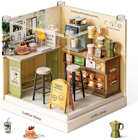 Coffee Shop Miniature House Kit, Plastic DIY Dollhouse with Coffee Machine & Pastry Display, Stackable Transparent Dust Cover, Creative Desktop Decor for Adults Teens | with Coffee Machine & Pastry Display, Stackable Transparent Dust Cover, Creative De... by BeepZipp
