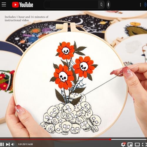 Crafmanoe Halloween Embroidery Starter Kit for Beginners Adults, Skull Flowers Stamped Cross Stitch Kits for Beginners Adults, Gothic Hand Embroidery Needlepoint Kits, Hoops, Fabric and Video Tutorial - Image 3