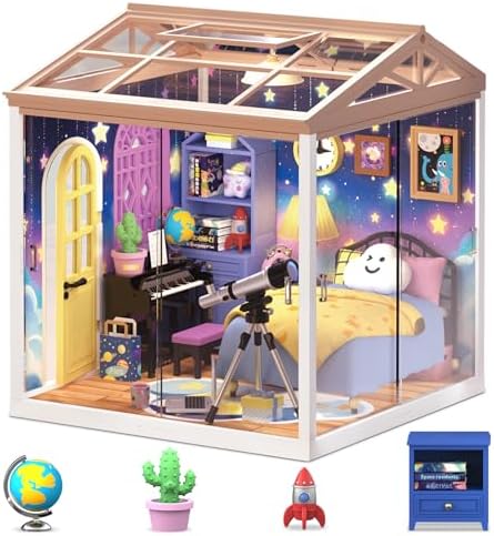 DIY Starry Night Wish Miniature House Kit with LED Light, Telescope & Piano, Roof & Dust Covers Sets, Tiny House Toys for Adults by Loyratche