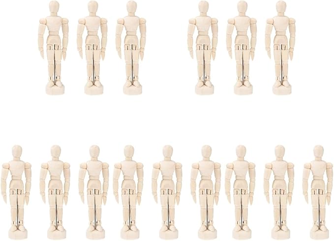 DOITOOL Artists Wooden Manikin Flexible Body Joints 15 Pack 4.5 Inch Mannequin Model Drawing Figure Model Wooden Mannequin Artist Manikin with Stand for Drawing Painting Desk Decoration