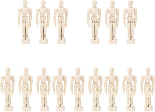 DOITOOL Artists Wooden Manikin Flexible Body Joints 15 Pack 4.5 Inch Mannequin Model Drawing Figure Model Wooden Mannequin Artist Manikin with Stand for Drawing Painting Desk Decoration