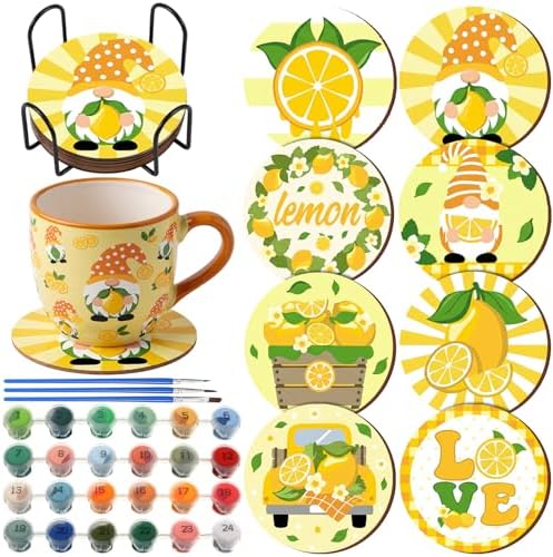 Reallnaive 8 Pcs Lemon Paint by Numbers Kit for Adults Wooden Coasters by Reallnaive