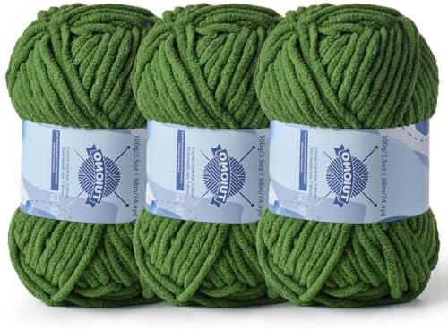 3 Pack Chunky Chenille Yarn for Crocheting, Baby Yarn for Crocheting Soft Blankets, Bulky Yarns for Crochet Amigurumi, 300g (223yds) Fluffy Velvet Yarns for Hand Knitting (3 Pine Green) by OMoiut