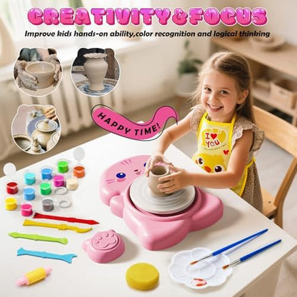 Skirfy Mini Pottery Wheel Kit for Beginners Kids,Electric Ceramic Wheel with Foot Pedal&Painting Kit, Adjustable Speed,Clay Spinner DIY Tools for Art Craft Birthday (CAT) - Image 3