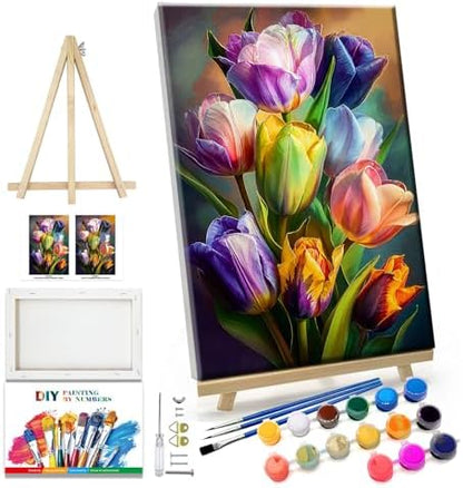 JOOZ Paint by Numbers Kit for Adults Flowers Paint by Number with Frame Floral Paint by Number with Easel Tulip Digital Oil Painting Kits for Gift Home Wall Decor 7.87x11.81 Inch by Jooz