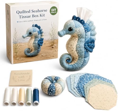 Saiiko Tissue Box Cover DIY Sewing Kit, Boho Fabric Patchwork Craft Kit for Adults Beginners, Beach Home Decor for Nightstand, End Table and Desk (Seahorse) by Saiiko