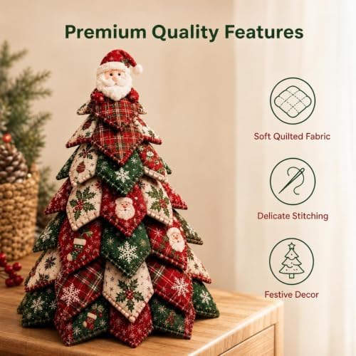 Quilted Christmas Tree Kit – Pre-Cut Fabric & Foam Cone DIY Tabletop Decoration with Tree Topper, No-Sew Holiday Craft Kit for Adults & Kids, Christmas Tree Decorations for Home, Party & Gifts (set12) - Image 2
