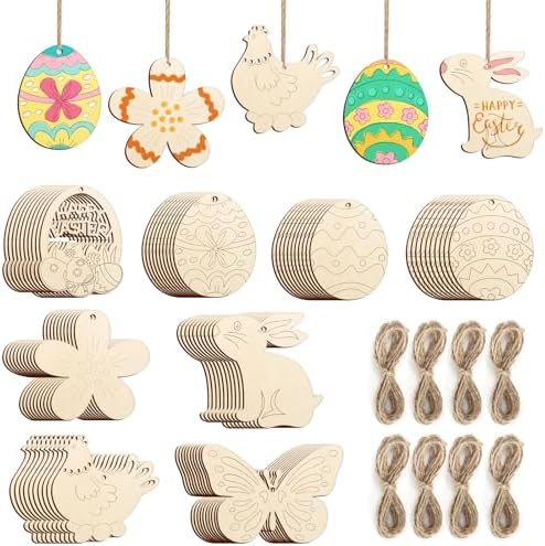 80PCS Wooden Easter Ornaments to Paint, 8 Styles DIY Blank Unfinished Wood Cutouts Ornament for Crafts Hanging Decorations, Egg Rabbit Bunny Butterfly Flower Hen Happy Easter by Sophena