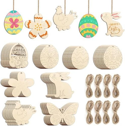 80PCS Wooden Easter Ornaments to Paint, 8 Styles DIY Blank Unfinished Wood Cutouts Ornament for Crafts Hanging Decorations, Egg Rabbit Bunny Butterfly Flower Hen Happy Easter by Sophena