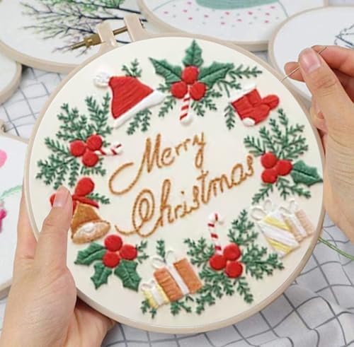 Huacan Embroidery Kits for Adults Beginner DIY Cross Stitch Stamped Christmas Pattern Stitching Wreath Sewing Kit 1 Piece 7.8 x 7.8 Inch - Image 5