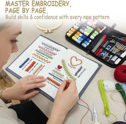 Embroidery Stitch Book Kit for Adults & DIY Craft Enthusiasts, Portable Embroidery Kit for Beginners, Includes Guide to 106 Patterns with Tools & Tutorials and 86-Piece Sewing Tool Set (1 Kit) - Image 4