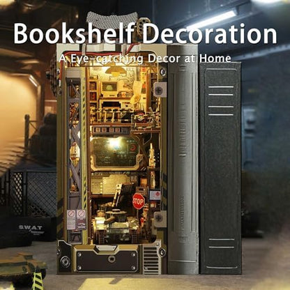 Flever Dollhouse DIY Book Nook Miniature Kit, DIY Booknook Bookshelf Insert Decor, 3D Wooden Booknook Miniature Kit for Creative Assembled Bookends (Military Base) - Image 5