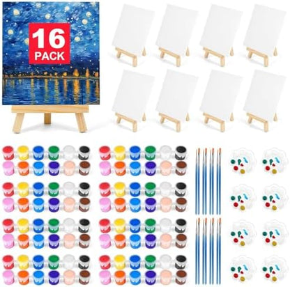16 Pack 8 * 10In Canvas Boards for Painting, Art Canvas for Drawing with 32 Brushes & 16 Paint Trays & 32 Acrylic Paint, Mini Painting Canvas with Easel Set, Painting Kits for Adults Party by Pomaylor