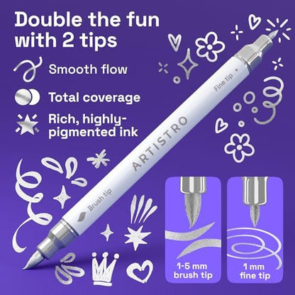 ARTISTRO 5 Silver Dual-Tip Acrylic Paint Marker Pens for Drawing - Image 2