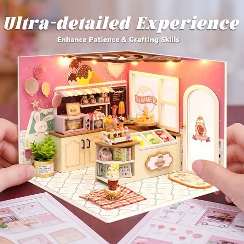 Flever DIY Miniature House Kit, Tiny Home Kit with LED Light, Mini House Build Craft Kits for Adults and Teens, Home Decor Creative Gift for Family/Friends (Happiness ice Cream Shop) - Image 3
