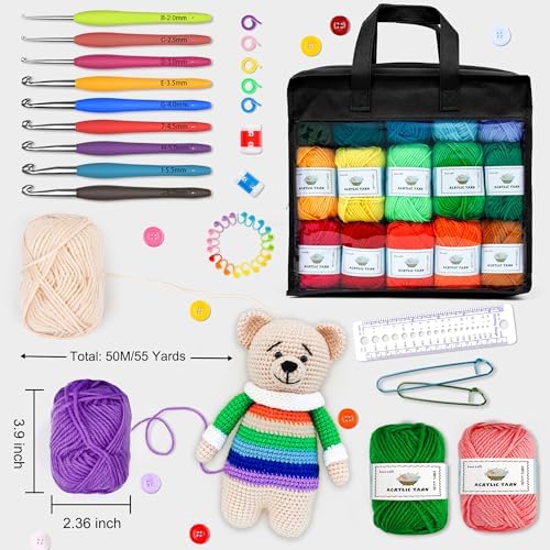 103 PCS Crochet Kit with Crochet Hooks Yarn Set, Premium Bundle Includes 1650 Yards Acrylic Yarn Skeins Balls, Needles, Accessories, Bag, Ideal Starter Pack for Kids Adults Beginner Professionals - Image 3