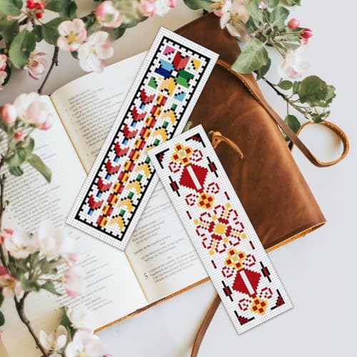 BEUNITONE Cross Stitch Bookmark Kits 6 Pcs Traditional Decorative Patterns Counted Cross Stitch Kit Hand Stamped Embroidery Kit for Beginners Floral Fabric Bookmark Making Kit DIY 8''x2.4'' - Image 7