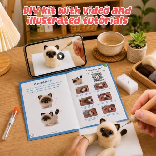 Voduynl Beginner Needle Felting Kit - 4 Cats and Dogs Pairs - Includes Wool, Tools, Step-by-Step Video, Safety Guide & Instruction Cards, Ideal Starter Set for Adults & DIY Beginners - Image 4