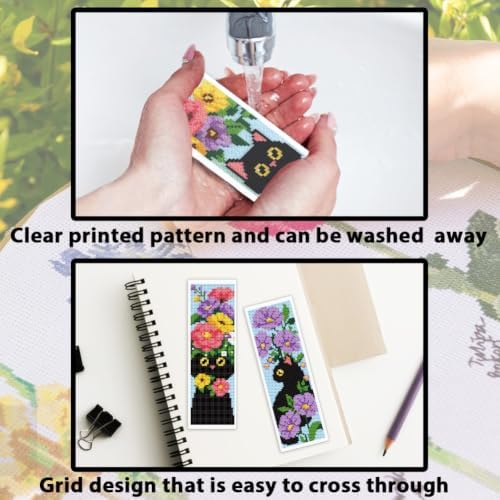 ACRNIGHEET 6PCS Cross Stitch Bookmark Kit for Beginner Stamped Cross Stitch Kits for Adults Cat & Floral DIY Tassel Embroidery Bookmark Kits Needlepoint Kit with Instructions Craft Gift 8.5''x3'' 11CT - Image 3