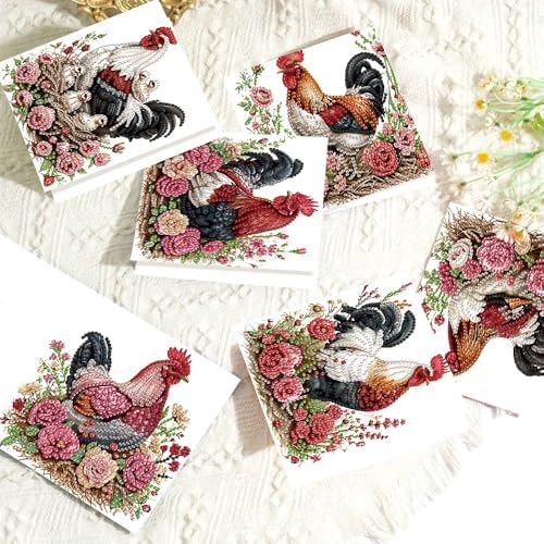 Tontut 6pcs5D Diamond Art Painting Greeting Card kit, Flower Laying Hen Rooster Adult DIY with Envelope, Special Shape Diamond Design Greeting Card Creative Gift - Image 5