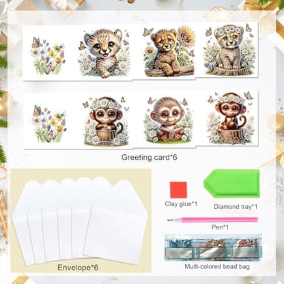 LazyFold 6 Pcs Diamond Art Painting Greeting Cards Kits, DIY Cute Leopard Handmade Festival Greeting Cards with Envelopes Diamond Art Crafts Birthday Cards Creative Gift - Image 3