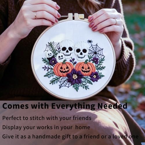 FONNUY Halloween Embroidery Kits for Beginners,Skull Pumpkin Spider Web Floral Stamped Cross Stitch Kit for Adults, Spooky Season Boho Wall Decor, 8'' Hoop (Skull) - Image 3
