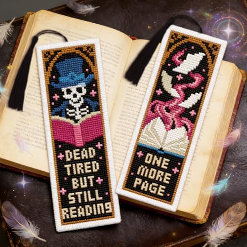 INFUNLY 6 Pcs Magic Book Cross Stitch Bookmark Kit with Tassels, Stamped Pre-Printed Embroidery for Adult Beginners, Tools with Floss Scissors Needles Instructions, DIY Gift for Book Lovers - Image 2