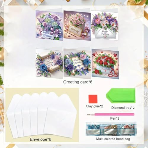 6 Pack DIY Diamond Art Painting Greeting Card Kit Happy Birthday, 5D Diamond Art Christmas Birthday Holiday Foldable Thank You Cards Blessing Greeting Card, Art Crafts Kit Creative with Envelope - Image 5