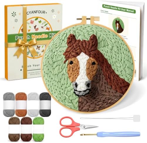 CYANFOUR Punch Needle Kit for Beginners, Horse Punch Needle Kits Adults, Craft Kits for Adults with 2 Pre-Printed Fabrics, Embroidery Hoop, Threads, DIY Gift and Home Decor 20 * 20cm by Cyanfour