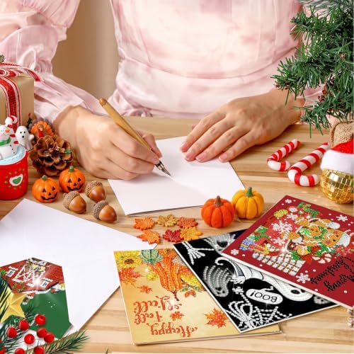 Saillong 12 Pack Fall Diamond Painting Greeting Cards Kits DIY Holiday Diamond Art Cards with Envelopes Halloween Christmas 5D Rhinestones Painting Making Kit for Adult DIY Crafts Party Favors Gifts - Image 2