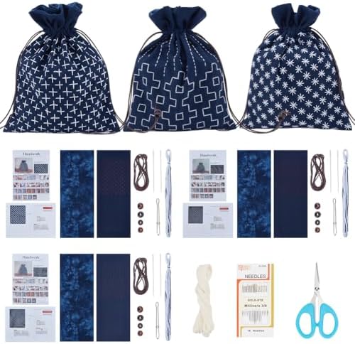 INFUNLY 3 Set Sashiko Drawstring Bag Kit DIY Sashiko Embroidery Bag Set with Printed Fabric Sewing Handbag Kits Embroidery Starter Kit Needlepoint Sewing Bags with Instruction for Beginner Adult by INFUNLY
