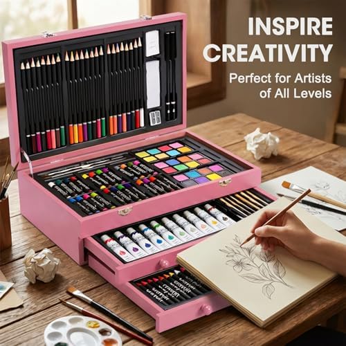 175-Pack Deluxe Wooden Art Set Drawing Painting Kit with 2 Drawing Pads, Acrylic Paints, Colored Pencils, Crayons, Paint Brush, Art Kit in Wooden Case, Gift for Artist, Adults, Teens and Kids - Image 6