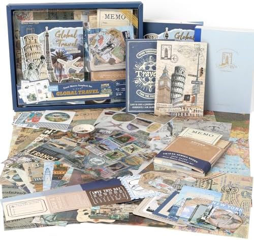 Auguro World Travel Scrapbook Kit A6 Grid Notebook Stationery Junk Journal Kit Scrapbooking Supplies Kit Craft DIY Gift for Adult Teen Girl by Augurosellspaperstationeryandscrapbookingsupplies