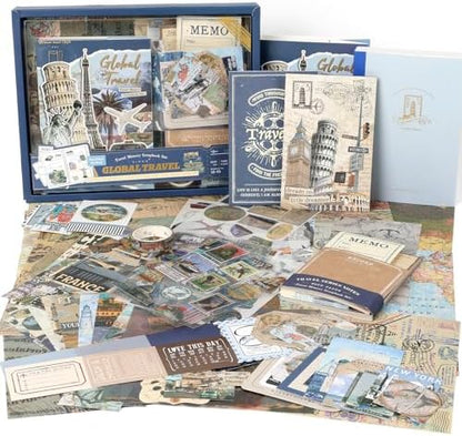 Auguro World Travel Scrapbook Kit A6 Grid Notebook Stationery Junk Journal Kit Scrapbooking Supplies Kit Craft DIY Gift for Adult Teen Girl by Augurosellspaperstationeryandscrapbookingsupplies