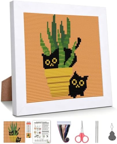 Black Cat Stamped Cross Stitch Kits for Beginners Adults with Framed by WUSARPLY