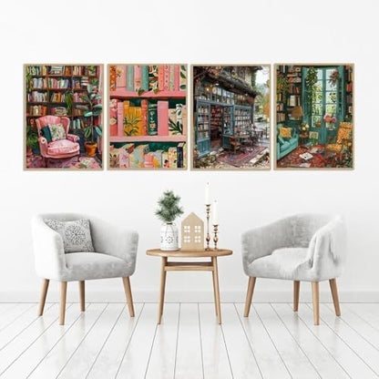 Clendo 4 Packs Study Room Paint by Numbers Kit for Adults Beginner, Bookshelf Adult Paint by Number on Canvas, DIY Street Acrylic Oil Easy Painting by Numbers for Home Wall Decor 12X16 inch - Image 6
