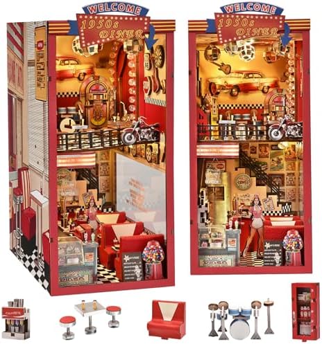 fifijoy Book Nook Kit - DIY Miniature House Kit for Adults, Retro 1950s Diner Tiny House Building Kit with LED, Dollhouse Kit Bookshelf Insert Decor Gifts of Family and Friends (1950s Diner) by fifijoy